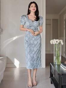 DAZY 女士优雅花卉纹理串珠泡泡袖褶皱不对称中长连衣裙，夏季婚礼宾客礼服 - 藍色 - 查看 3