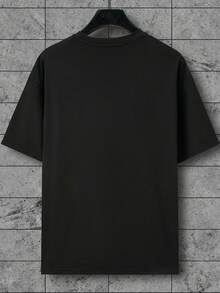 Manfinity Roughcore 男士休闲时尚街头通勤字母玫瑰印花撞色短袖宽松T恤，夏季 - 藍色 - 查看 4