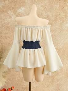 Sweetra Women's Off-Shoulder Contrast Color Waist Flare Sleeve Denim Blouse Off The Shoulder Top Off The Shoulder Shirts Corset Top Peplum Top Bell Sleeve Top - Multicolor - View 2