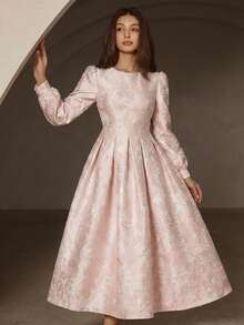 Aveloria Rosie Red & Black Contrast Color Jacquard Fabric Round Neck Waist Gathered Dress, Elegant Long Sleeve Women Dress - Pink - View 4
