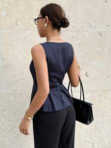 Siren Gaze 女士复古靛蓝条纹休闲马甲，春夏款 - 藏蓝色 - 查看 2