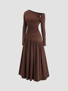 Sweetra Spring/Summer New Arrival Boat Neck Pleated Asymmetric Hem Top & Long Skirt Set, Fashionable Casual - Brown - View 5
