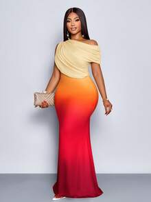 SOLERSUN Đầm dài dáng suông, ôm eo, màu gradient, chất liệu vải dệt kim, không tay, lệch vai, không tay, phối ren, thích hợp cho tiệc cưới mùa hè dành cho nữ, đi nghỉ mát. - trái cam - Xem 1