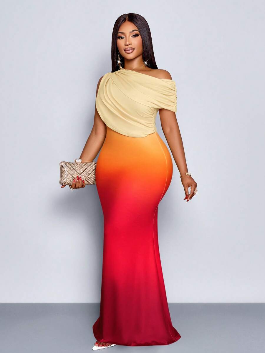 SOLERSUN Đầm dài dáng suông, ôm eo, màu gradient, chất liệu vải dệt kim, không tay, lệch vai, không tay, phối ren, thích hợp cho tiệc cưới mùa hè dành cho nữ, đi nghỉ mát. - trái cam - Xem 1