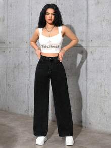 SHEIN PETITE Solid Color Mid-Waist Straight Loose Casual Everyday Jeans ,Petite Women - Black - View 5