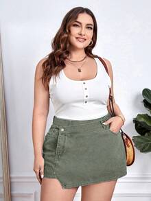 EMERY ROSE Plus Size Solid Color Crossover Waist Wrap Slant Pocket Casual Denim Shorts - Army Green - View 5