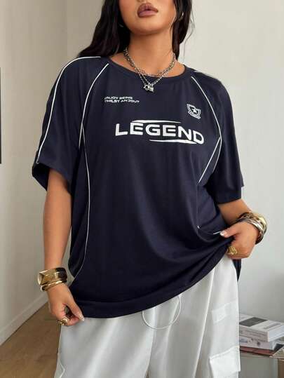 Coolane Summer Outfits  Women's Plus Size Going Out  Street-Style Y2K Cool Event Letter Printed Color-Blocked Short Sleeve Blue T-Shirt, Summer Tops