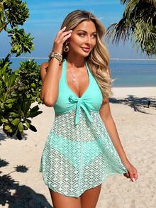 Swim Lushoire 2026 New Summer Beach Style Women Floral Lace Turquoise Mint Green Hollow Front Bow Sexy Mature Fashion Camisole Strap Bikini Two Pieces Swimsuit - Green - View 5