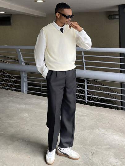 Ngobest Haus Ngobest Haus 男士休闲日常简约纯色V领毛衣背心，秋冬季