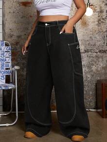 SHEIN ICON Quần jeans ống rộng dáng suông thời trang thường ngày cho nữ cỡ lớn, thêu chữ, đường chỉ tương phản, thích hợp cho việc đi làm hàng ngày. - màu đen - Xem 6