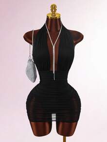 Amplova Vestido de fiesta ajustado sin espalda con adornos de strass sin mangas - Negro - Ver 4