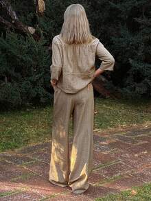 Livesso 2pcs Women Casual Collared Tie-Waist Top And Pants Set - Khaki - View 2