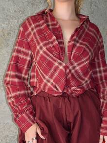 Arliah 前部扭纹低领长袖格子衬衫 - 酒紅色 - 查看 6