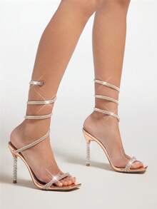 SHUZIA Sandalias de tacón de aguja con envolvente de diamante de imitación para mujer - Oro rosa - Ver 2