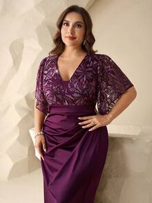Coutiva Plus Size Purple Sequin Lace Flutter Sleeve Mermaid Evening Gown Deep V-Neckline Sparkle Sequin Embroidered Bodice Luxury Modest Wedding Guest Party - Purple - View 8