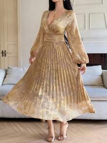 DAZY V-Neck Jacquard Long Sleeve Dress, Waist Cinching Slimming Long Sleeve Pleated Dress Wedding Guest Dress Sundress - Khaki - View 4