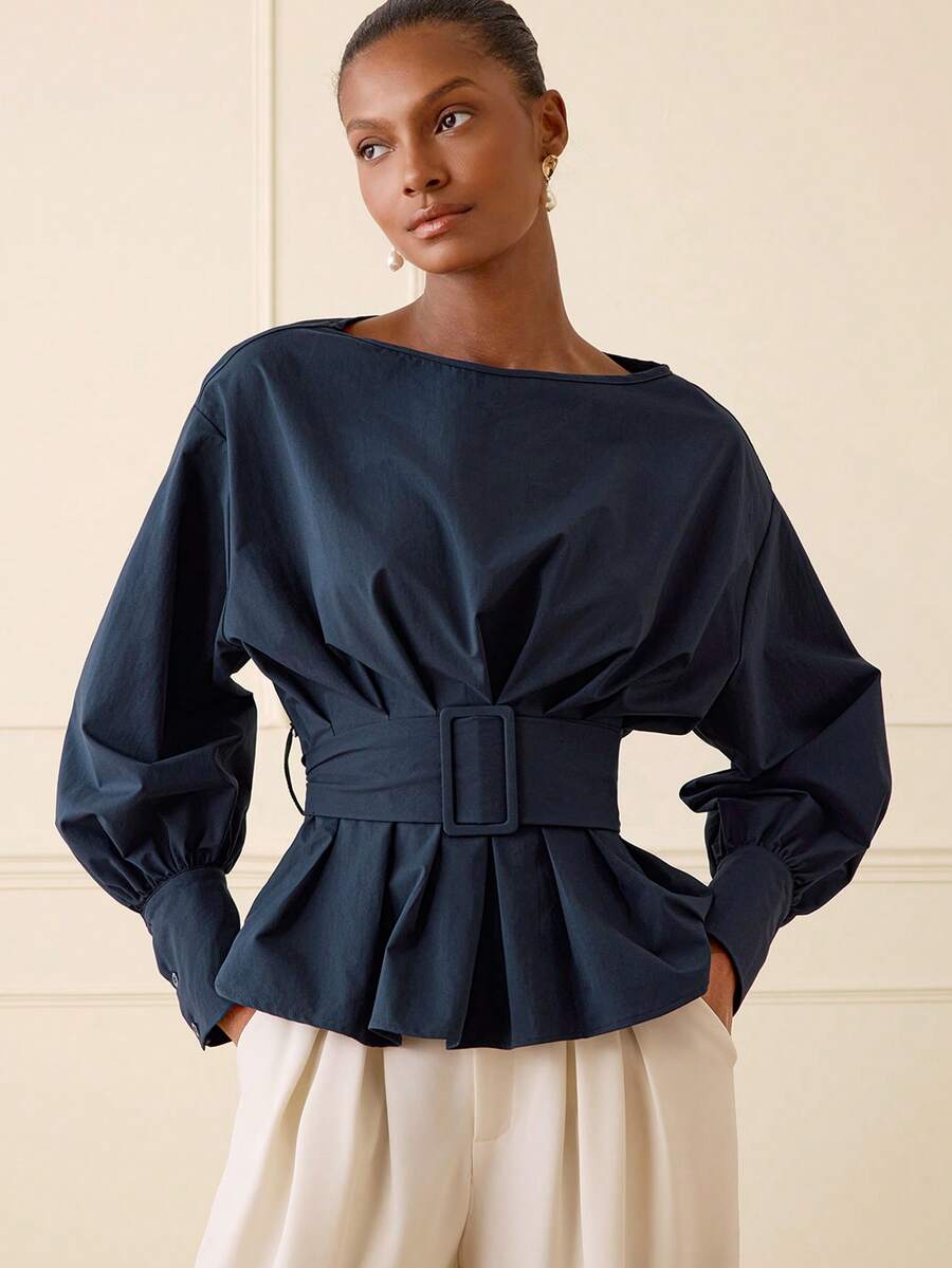 Lilora Áo sơ mi nữ màu xanh navy thanh lịch và thoải mái, cổ chữ X xếp ly, dáng rộng, tay dài, có thắt lưng, thời trang, sang trọng, gợi cảm, thích hợp cho ngày Valentine, dự đám cưới, phong cách vintage, tiệc tùng, kỳ nghỉ xuân hè. - Màu xanh hải quân - Xem 1