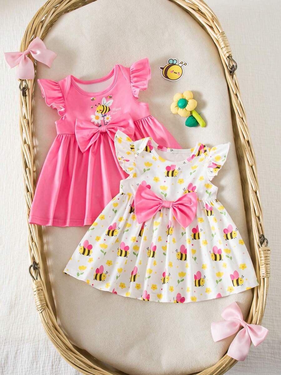 SHEIN 2pcs Newborn Baby Girl Cute Cartoon Pattern Bow Tie Ruffle Sleeve Knit Dress, Pink - Pink - View 1