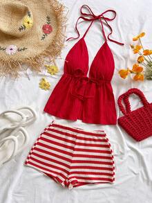 Soleia Bộ đồ thể thao mùa xuân/hè gồm áo tank top đỏ cổ chữ V buộc dây sau lưng, chất liệu vải dệt họa tiết, áo ôm dáng lệch vai và quần short skinny cạp siêu thấp, thích hợp cho các bữa tiệc, Giáng sinh, Ngày lễ tình nhân, hẹn hò, đi biển, du thuyền, lễ hội, lễ Phục sinh, chất liệu vải mềm mại. - Nhiều màu - Xem 6