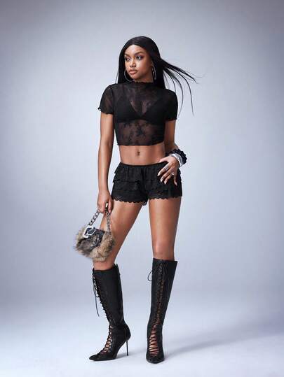 Y2Kool Casual Sexy Urban Chic Minimalist Y2K Fashionable Women Lace Mesh Short Sleeve Bodycon Top, Suitable For Vacation, Date, Party, Wedding, Valentine's Day, Daily, Music Festival, Work, Spring/Summer, For Women.Going Out,Sexy, Elegant,Civil Wedding,Wedding Guest, Music Festival, Musician, Night Club