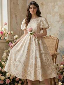 SHEIN Pitira 杏色优雅圆领提花连衣裙，收腰设计，泡泡袖，适合少女穿着，可作宫廷派对礼服，也适合晚宴和婚礼等场合。 - 杏色 - 查看 1