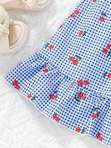SHEIN Elladie kids 女童蓝色樱桃印花梭织面料吊带连衣裙，配有同款上衣，适合夏季日常穿着、外出、旅行、度假和聚会。 - 藍色 - 查看 8