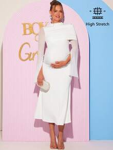 Loomaby Maternity Solid Color Ruched Split Long Sleeve Elegant Dress,Gender Reveal Baby Shower Spring Outfit Women , Break Outfits - White - View 3