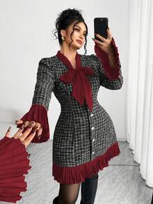 SHEIN PETITE CURVE 大码女式加厚背带连体裤，格纹粗花呢面料，拼接设计，显瘦效果，适合返校、毕业典礼、情人节、音乐节、母亲节、万圣节、感恩节、复活节、国庆节、晚会、约会派对、婚礼季、户外活动等场合。 - 酒紅色 - 查看 2