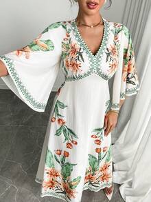 Al Najma Women's V-Neck Ruffle Hem Printed 3/4 Sleeve A-Line Dress - Multicolor - View 5