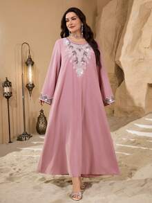 SHEIN Najma Plus Size Middle Eastern Style Simple Elegant Arabic Dress For Women - Pink - View 5