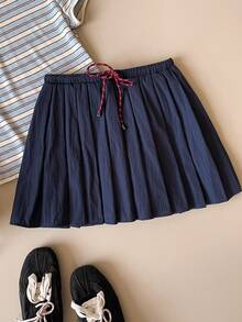 Muvela 新款春夏藏蓝色弹力褶皱可调节系带蝴蝶结A字裙，百搭休闲日常装 - 藍色 - 查看 1