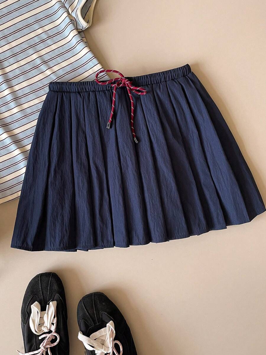 Muvela 新款春夏藏蓝色弹力褶皱可调节系带蝴蝶结A字裙，百搭休闲日常装 - 藍色 - 查看 1