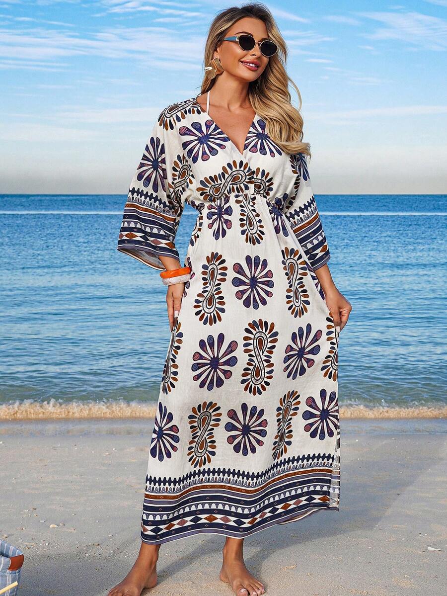Swim Shayni Women's V-Neck 3/4 Sleeve Cinched Waist Long Slit Beach Dress With Floral Print, Cover-Up - Army Green - View 1