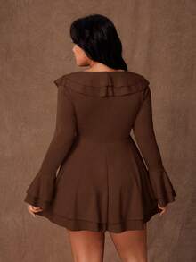 Rustia Sexy Ruffle Tie Strap Bodycon Mini Dress, Unique Design, Flattering Fit, Long Sleeve, Vacation Style - Brown - View 2