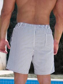 Zalmeno Pantalones cortos casuales de playa con estampado de rayas, bolsillos en diagonal y cordón en la cintura para hombres - Multicolor - Ver 2