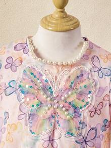 Vestido de Gola Redonda Estilo Tradicional Elegante do Oriente Médio para Meninas Jovens com Decoração de Pérolas e Mangas Sino. Efeito de Tingimento Tie Dye em Aquarela Gradiente, Impressão Digital de Borboleta, Decoração de Borboleta Colorida em Tela 3D, Adequado para Feriados e Uso Diário Casual - Roxo - Visão 6