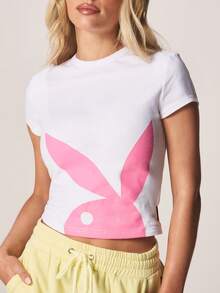 Missguided x Playboy 修身短款印花T恤，饰有兔子图案，短袖圆领，棉混纺面料，夏季休闲上衣 - 白色 - 查看 4