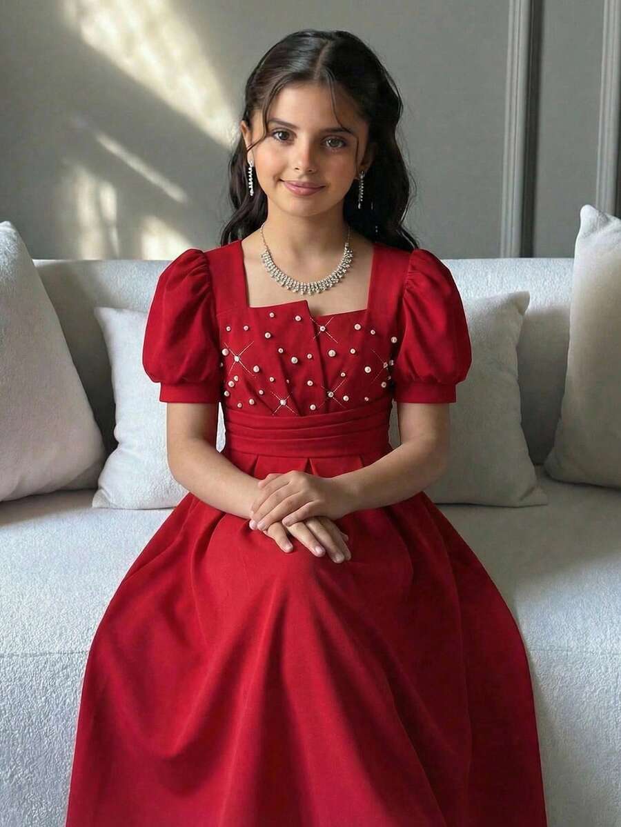 SHEIN Vestido de punto de manga corta con cuello cuadrado, mangas abullonadas, cintura ceñida y cuentas para niñas preadolescentes, vestido rojo para fiesta y uso diario - Rojo - Ver 1