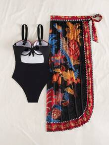 Swim Oasis 1pc Women All-Over Print Camisole One-Piece Swimsuit With Mesh Skirt Set - Multicolor - View 5