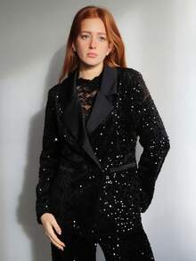 SILVIA DI SANTO Áo khoác Blazer chắp vá vải sequin rộng rãi thiết kế thời trang - màu đen - Xem 3