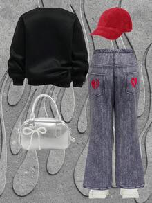 SHEIN HOT STUFF Young Girl 2pcs/Set Street Style Cute Casual Round Neck Long Sleeve Sweatshirt & Denim Effect Print Flare Pants 2-Pieces Set - Black - View 3