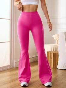 Slayform 高腰撞色滚边修身喇叭裤时尚打底裤 - 玫紅色 - 查看 4