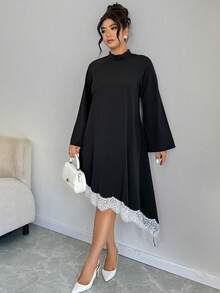 Elenzga Plus Size Black Bell Sleeve Asymmetric Hem Lace Patchwork Dress, Fashion For Autumn/Winter Fall - Black - View 1