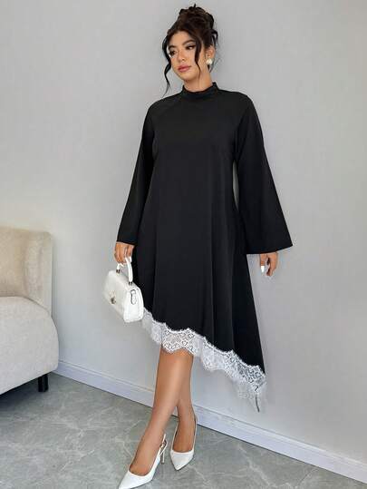 Elenzga فستان أسود بأكمام جرس وحاشية غير متماثلة مع تصميم من الدانتيل، موضة الخريف/الشتاء للمقاسات الكبيرة