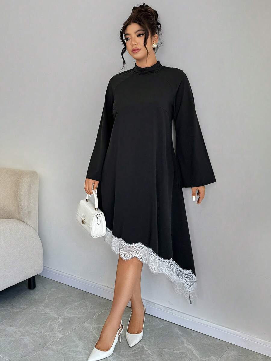 Elenzga Plus Size Black Bell Sleeve Asymmetric Hem Lace Patchwork Dress, Fashion For Autumn/Winter Fall - Black - View 1