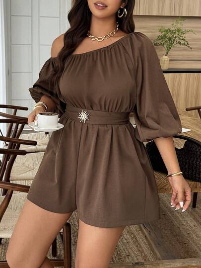 Weeklong Plus Size Women's Asymmetric Shoulder Puff Sleeve Lantern Sleeve Waist Tie Metal Buckle Decor Casual Jumpsuit, Spring/Summer