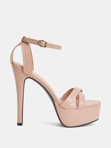 Glitzique 1 双女士纯色街头风格 PU 皮革扣带高跟防水台凉鞋，杏色，夏季派对穿着 - 杏色 - 查看 7