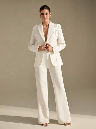 CLARA VERO Rhinestone Embellished White Suit Set: Fitted Jacket With Rhinestone And Stone Details, Loose Fit At Hips, Gold Double Button Closure And Maxi Palazzo Pants, Perfect For Elegant Events Or Evening Occasions, Made From Thick Double White Fabric With Full Lining And Structured Silhouette White Suits For Women Womens Suits Blazer Set For Women Pant Suits For Wedding Professional Clothes Women Sets