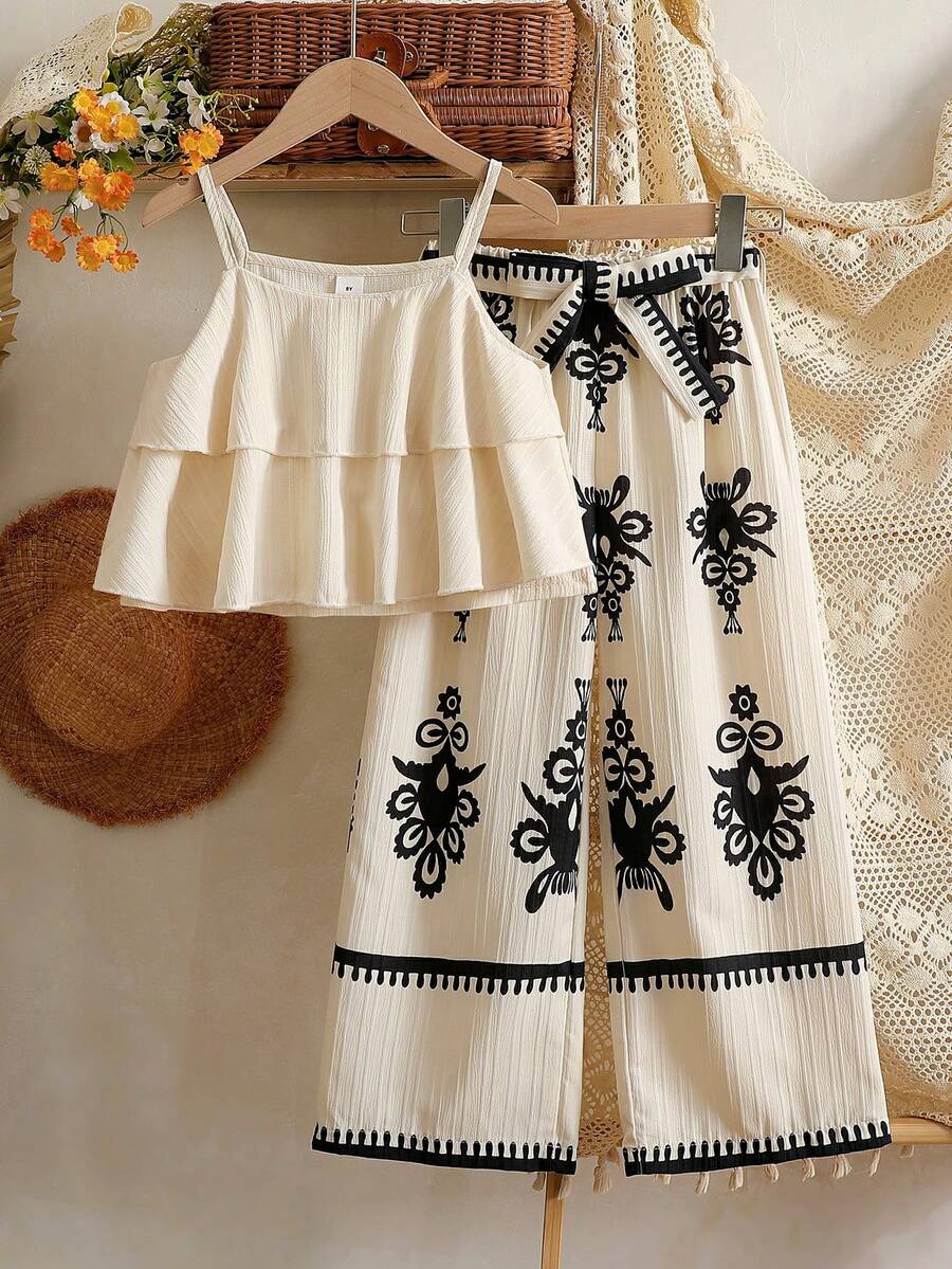 Vintaside Kids 2pcs/Set Girls' Summer Ruffle Strap Camisole Top And Floral Print Wide Leg Loose Pants - Multicolor - View 1