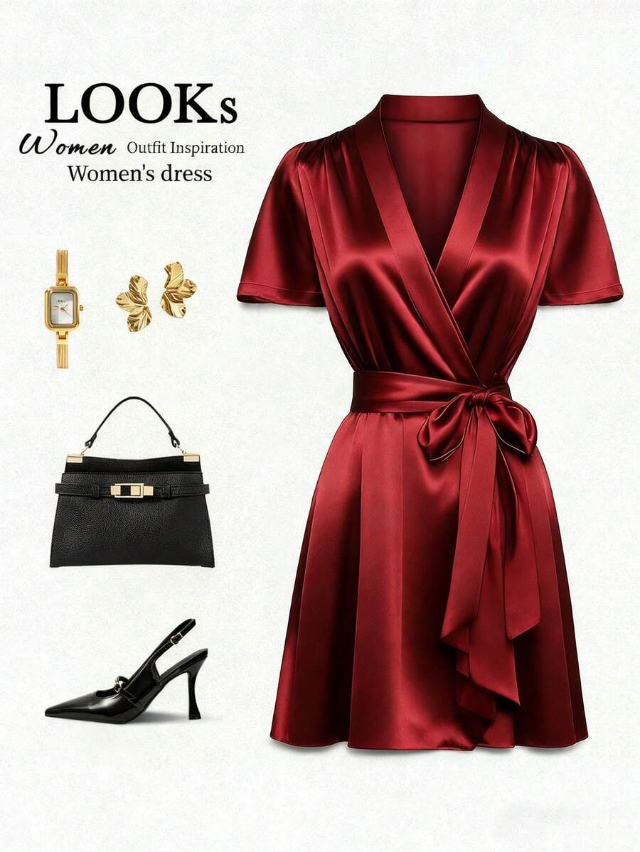 SHEIN Franclia Women's Red Dress For New Year & Christmas, Elegant Party Wear, High Gloss Draped Satin Dress Red Satin Dress Red Cocktail Dress Dinner Outfits For Women Red Wrap Dress Women's Red Dress Red Outfits For Women Women's Dress Casino Night Outfit For Women - Red - View 1
